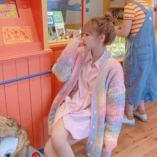 Harajuku Lolita Style Autumn Women Sweater Japanese Kawaii Korean V Neck Rainbow Knitted Cardigan Chic Pastel Sweater Outerwear