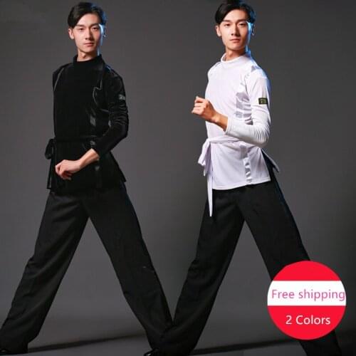 Mens Latin Dance Shirts Male Black White velvet Long Sleeve Shirt Men Tops Ballroom Samba Cha Competition Performance Wear