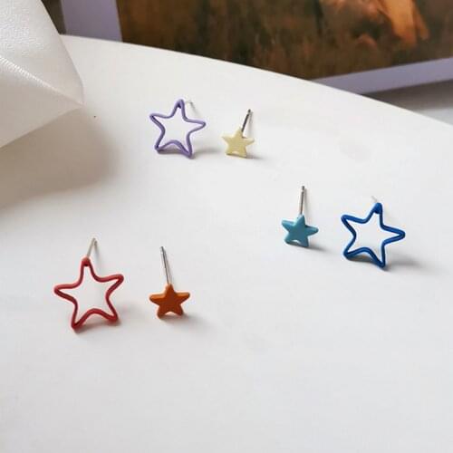 S925 needle Asymmetrical Stud Earrings Delicate Jewelry Hollow Metal Coating Blue Purple Red Star Earrings Modern Jewelry Gifts
