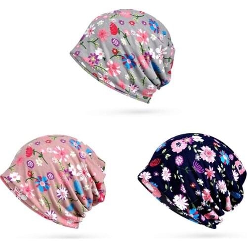Beanies Cap Scarf Floral Sunshade Breathable Elastic Cotton Hat Neck Warmer Outdoor Travel Headwear