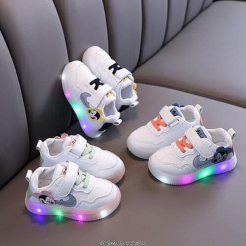 Disney Childrens Baby Toddler Shoes Boys Girls Spring Casual Shoes Cartoon Mickey Mouse LED Lighted Sneakers Kids Toddler Shoes