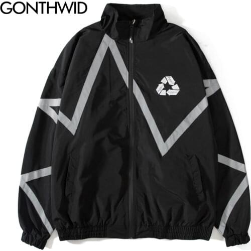 GONTHWID 3M Reflective Striped Zip Up Windbreaker Track Jackets Men 2020 Hip Hop Casual Outwear Jacket Coats Male Fashion Tops