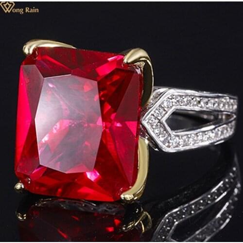 Wong Rain Vintage 925 Sterling Silver 12*14 MM Emerald Ruby Created Moissanite Gemstone Wedding Engagement Ring Fine Jewelry