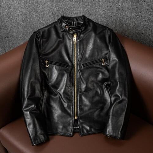 YR!Free shipping.plus quality short classic J100 motor biker real leather jacket.men black slim rider tea core horsehide coat