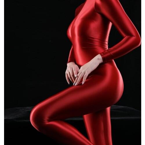 Womens Shiny Body Suits Smooth Silky Long Sleeve Trousers Double Zipper Jumpsuit Sexy Costume Body Stocking
