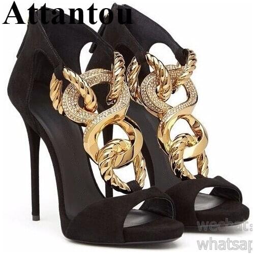 Women Black Suede Peep Toe Gold Metal Chain Decoration Sandals Summer Back Zipper Cover Heel Thin Heel Party Shoes