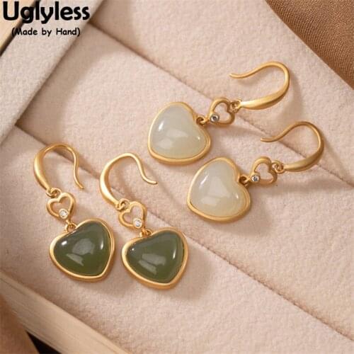 Uglyless Simple LOVE Express Heart-shape Agate Jade Earrings for Women Gold 925 Silver Gemstones Jewelry Hollow Heart Earrings