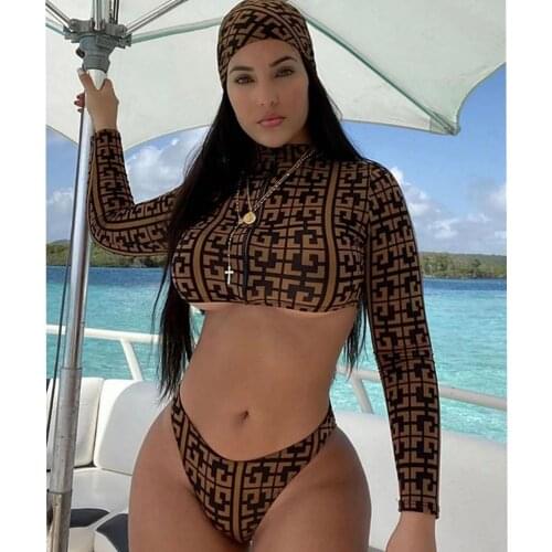 RMSFE 2021 Women Long Sleeve Stand Collar Zipper Plaid Printed Split Bikini Swimsuit High Waist Sexy Headscarf 3 Piece Set