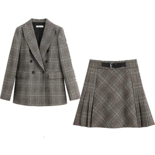 Womens suit new style retro suit collar check printed double-breasted suit jacket + high waist with check A-line skirt suit