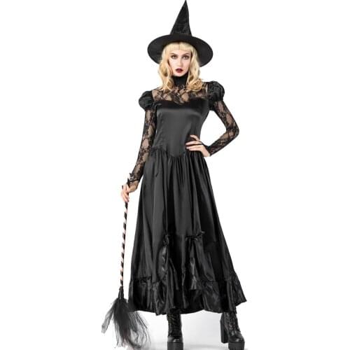 Free shipping 2019 New Women Halloween Costumes Witch Black Lace Long Dress Adult Cosplay Role Play Witch Costume