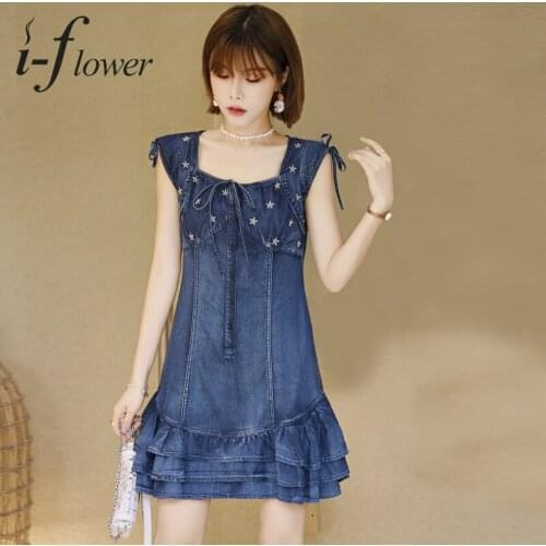 2021 Summer Vintage Sleeveless Square Collar Embroidery Ruffles Denim Dress Mini Woman Jean Dresses A8150