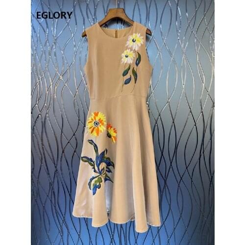 High Quality New 2020 Autumn Winter Dress Women Lurex Embroidery Flowers Deco Slim Fitted A-Line Apricot Black Dress Elegant