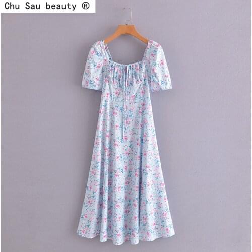 2021 Summer Prairie Chic Floral Print Square Collar Lace-Up Wrap Chest Folds Puff Sleeve Dress For Women Zipper Vestido