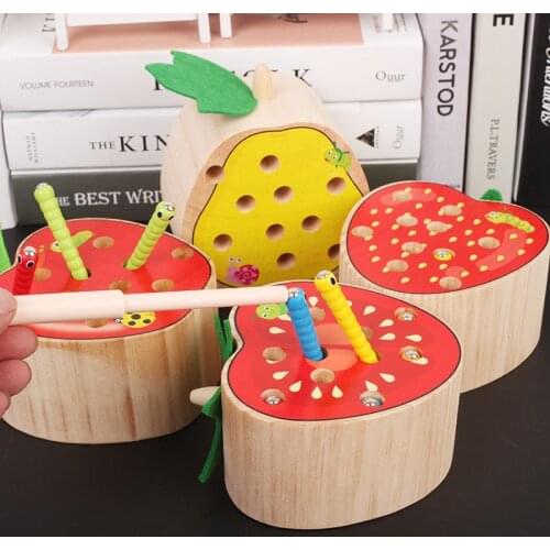 8 Colors 3D Puzzles Wooden Catch Insects Worm Game Magnetic Fishing Montessori Games Magnetic Catches Caterpillar For Children