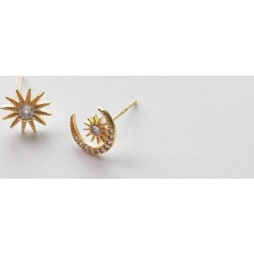 Asymmetry Earrings 100% Authentic 925 Sterling silver Gold White Zirconia AAAA+ Crescent Moon Star Stud Earrings jEWELRY E155
