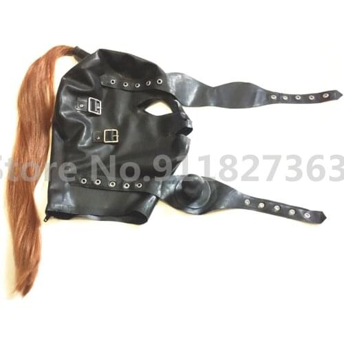Free Shipping ! Hot Black Latex Mask Rubber Hood with top hair Rubber Hood with Eyeshade eyes cover and mouth Gag back zipper