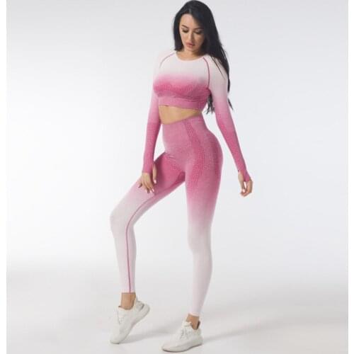Seamless Yoga Set Sport Fitness High Waist Peach Hip-lifting Pants Long-Sleeve Tie-Dyed Gradient Suit Gym Leggings Set for Women