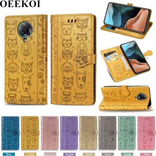 OEEKOI Cartoon Style Cat Dog Wallet Flip Cover Case for Xiaomi Redmi K30 Pro with Card Slot Holder