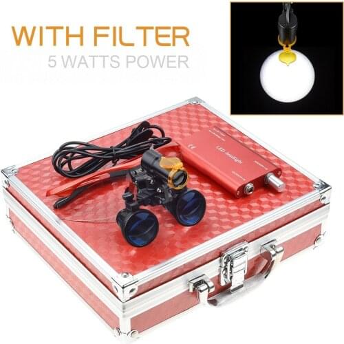 Binocular Dental Loupes Magnifying Glasses+5W Magnifying LED Headlight with Filter Aluminum Box 2.5X/3.5X Red
