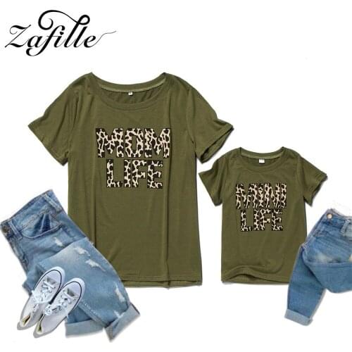 ZAFILLE Mother and Daughter Matching Clothes Army Green Leopard Letter Print "MOM LIFE" Family Tops Mommy and Me clothes