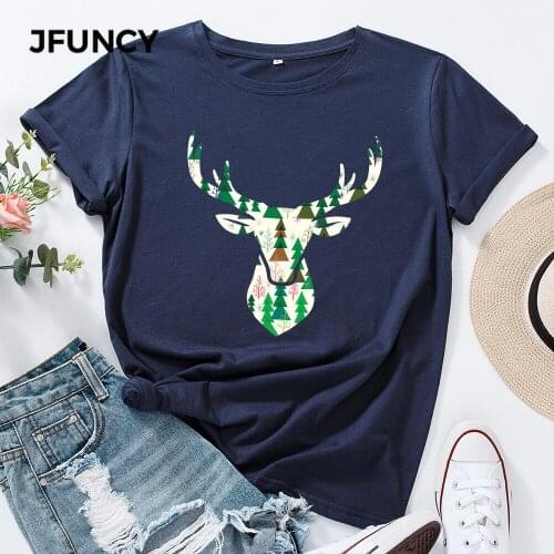 JFUNCY 100% Cotton Womens Tops Christmas Elk Printed T-shirt Female Casual T Shirt Women Plus Size Short Sleeve Graphic Tees