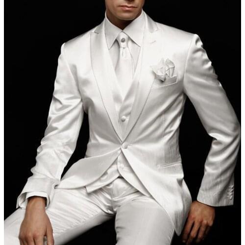 3 Pieces Men Suits White Wedding Mens Suit for Groom Tuxedos Slim Fit Prom Party Custom Satin Jacket Pants Vest Male Clothes