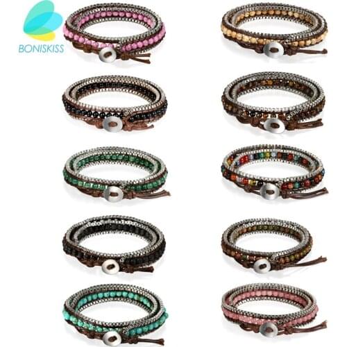 Boniskiss Beaded Leather Wrap Bracelet Boho Type Beadwork Bracelet For Women And Men Fashion Brand Jewelry Wholesale