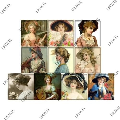 LPLWJA 18mm/20mm/25mm Vintage Lady Woman Square Shape Glass Cabochon Demo Flatback Base Tray DIY Jewelry Findings