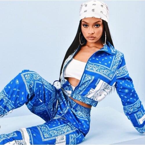 Blue Print Fashion Women Tracksuit 2 Piece Set Crop Tops And Pants Outfits For Women Spring Street Style Hip Hop Sweatsuit Set