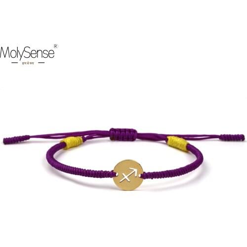 MolySense Sagittarius Zodiac Handmade Golden Color Stainless Steel Charm Bracelets For Women Men Wax Macrame Bracelets