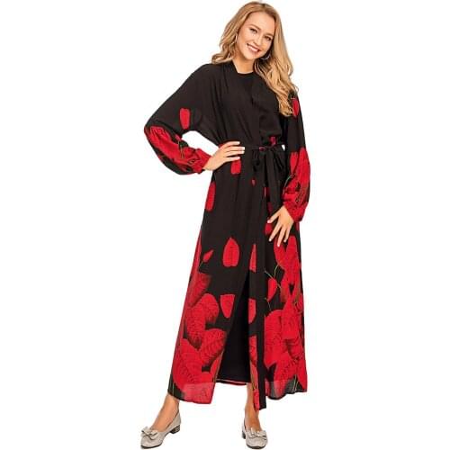 Lantern Long Sleeve Muslim Fashion Abayas for Women High Waist Casual Turkish Dresses with Sashes TA1822