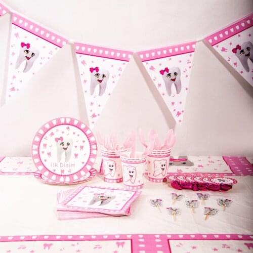 Teeth Theme Disposable Tableware Set Pink Teeth Disposable Plate Cup Tablecloths Baby Girl Birthday Party Baby Shower Decoration