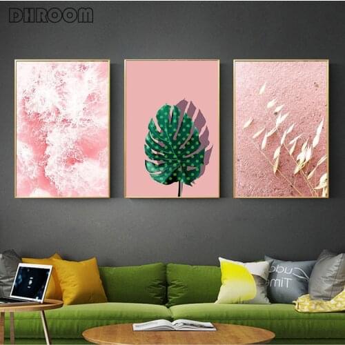 Abstract Pink Ocean Nordic Poster Modern Plant Leaf Wall Art Canvas Painting Pink Print Wall Pictures for Living Room Home Decor