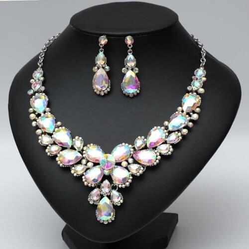 New Luxury Crystal Statement Bib Necklace Earring Brides Prom Party Wedding Costume Jewelry Set Accessories Ladies Womens Gifts