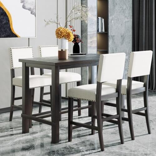 5-Piece Counter Height Dining Set, Classic Elegant Table and 4 Chairs in Black and Beige