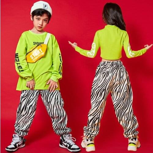 Boys Hip Hop Stripe Pants Girls Crop Top 2 Pcs Set Kids Dance Clothes Cool Outfit Teenage Jazz Street Fashion Costume Streetwear