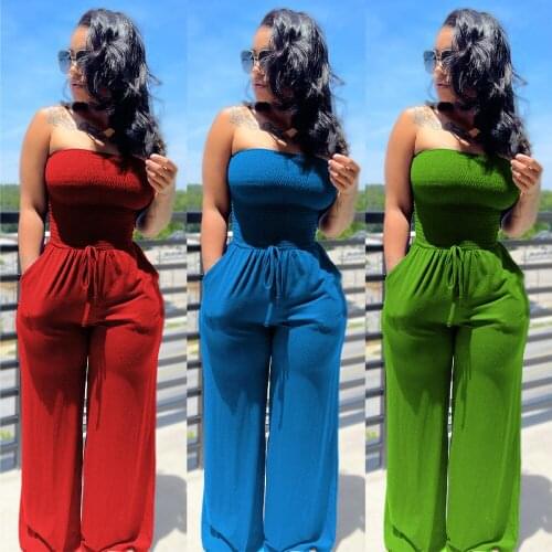 Solid Sleeveless Off Shoulder Sexy Jumpsuit Women Skinny Bodycon Slash Neck Wide Leg Pants Overalls Party Clubwear Rompers