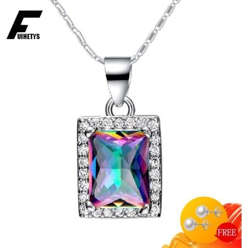 Fashion Women Necklace 925 Silver Jewelry with Colorful Zircon Gemstone Rectangle Shape Pendant Accessories for Wedding Party