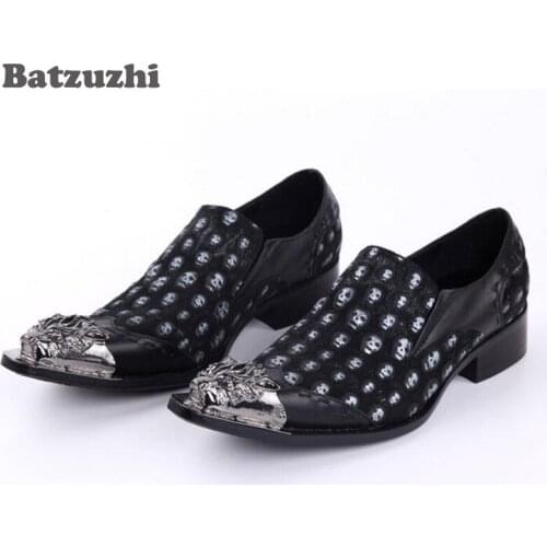 Italian Luxury Men Shoes Pointed Toe Sliver Metal Skull Leather Loafers Shoes Men Black Leather Mens Flats, Size US12