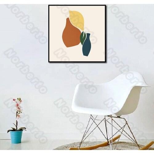 Modern Fashion Style Canvas Painting Wall Poster Orange and Blue Vases and Yellow and Green Leaves for Home Rooms Decoration