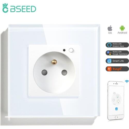 BSEED Wifi Smart Wall Socket France Standard Crystal Glass Panel Electrical Outlet 3 Colors White Black Golden Work With Tuya