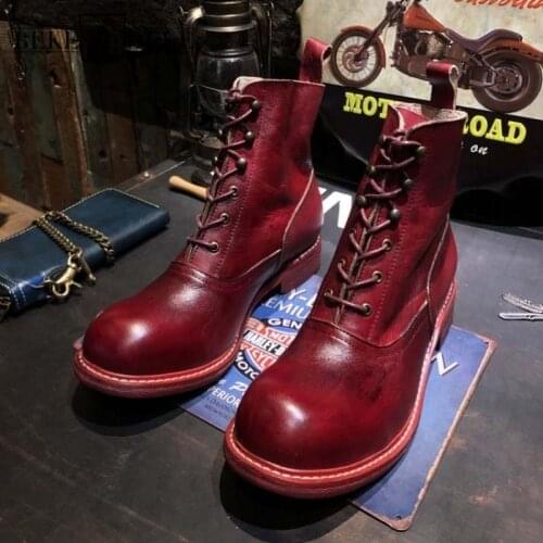 Genuine Leather Handmade Motorcycle Short Boots Mens Red Wine Lace Up Round Toe Vintage High Top Shoes Autumn Equestrian Boots