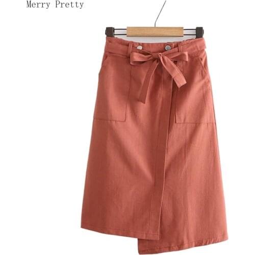 Women Solid Asymmetrical Skirts With Sashes Hight Waist Knee Length Straight Skirt 2020 Spring Preppy Style Femme Casual Skirts