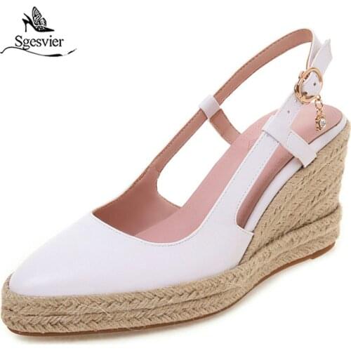 Sgesvier Fashion Big Size Black White Office Ladies Shoes with Heels Knitting Weave Wedges Slingbacks Women Pumps Summer G564