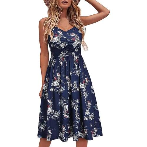 Womens Summer Casual Suspender Dress Fashion Printing V-neck Backless A-line Mid-length Dress