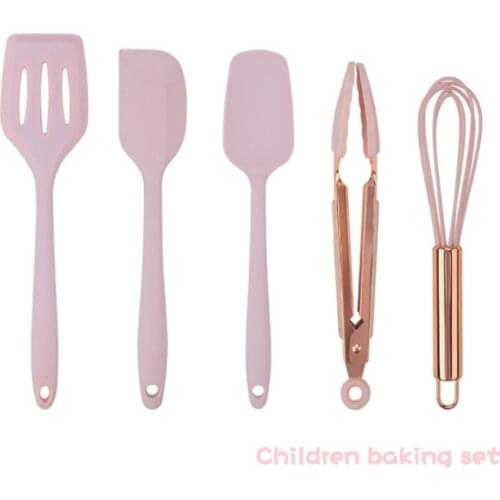 5pcs Silicone Pink Baking Spatula Scraper Egg Beater For Children Kitchen Utensil Set Rose Gold Handle Cooking Tools