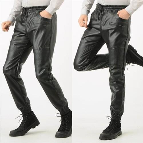 High Quality Faux PU Leather Harlan Pants Men Black Spring Fall Male Trousers Mens Hip Hop Fashion Casual Streetwear Motorcycle