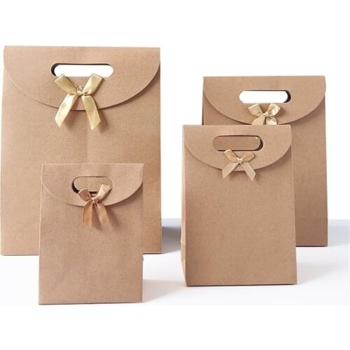 Creative Flat Kraft Paper Bag Gift Bag Wedding Candy Recyclable Takeaway Bag Baking Bag Knot Hand Bag Dry Packaging Paper Bag