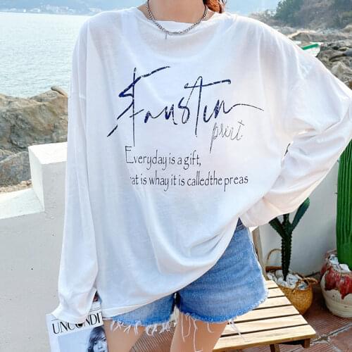 Summer Long Sleeve Thin Cotton T Shirt Women 2021 Plus Size Simple Letter Printed Oversized Tee Tunic Top White