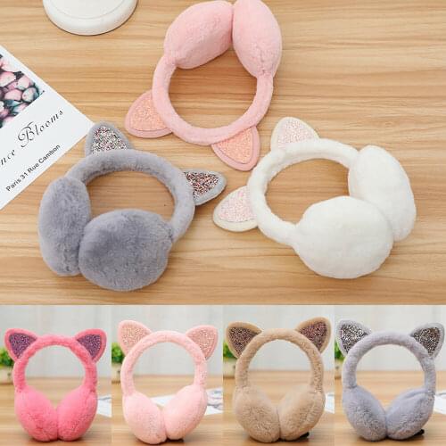 Women Girl Fur Winter Ear Warmer Earmuffs Cat Ear Muffs Earcap Glitter Sequin Earmuffs Headband Soft Fluffy Earcap